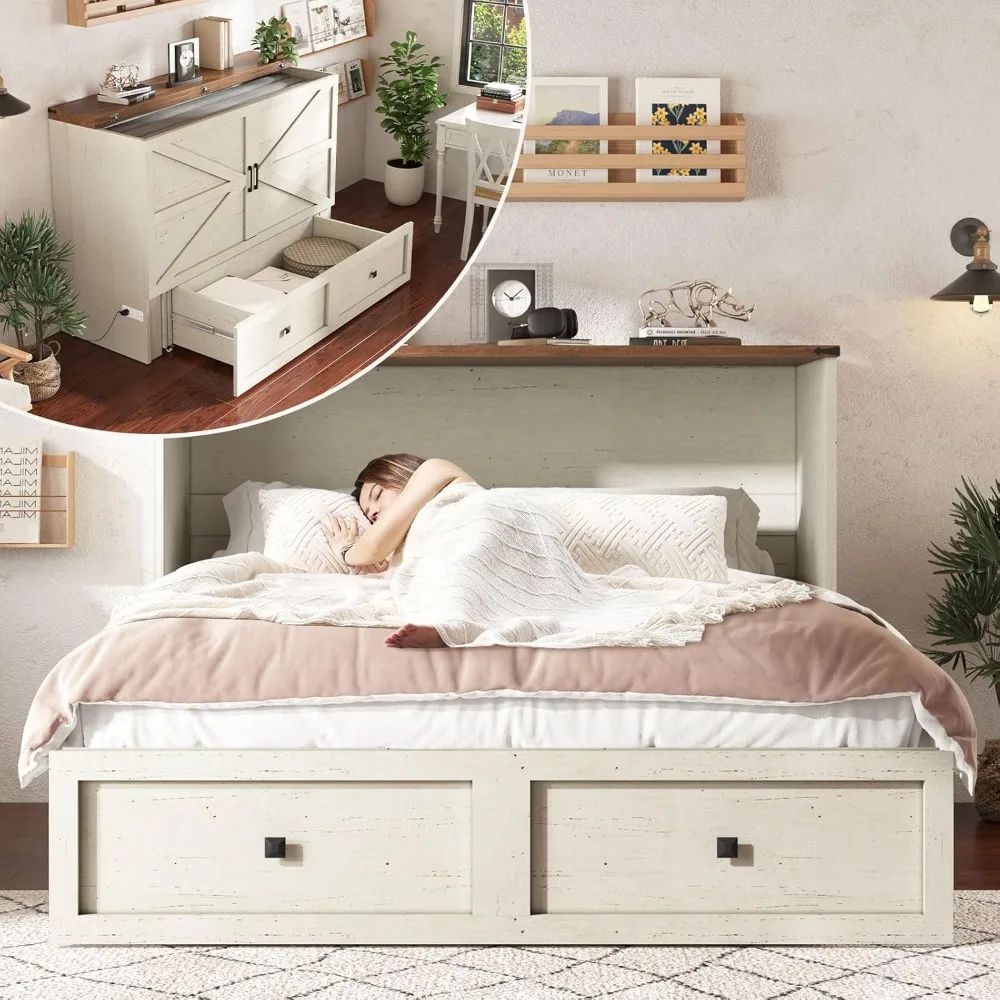 

AMERLIFE Queen Murphy Bed with Storage & Charging Station, Farmhouse Murphy Cabinet with Foldable Panel, Noisy Free, for Guest B