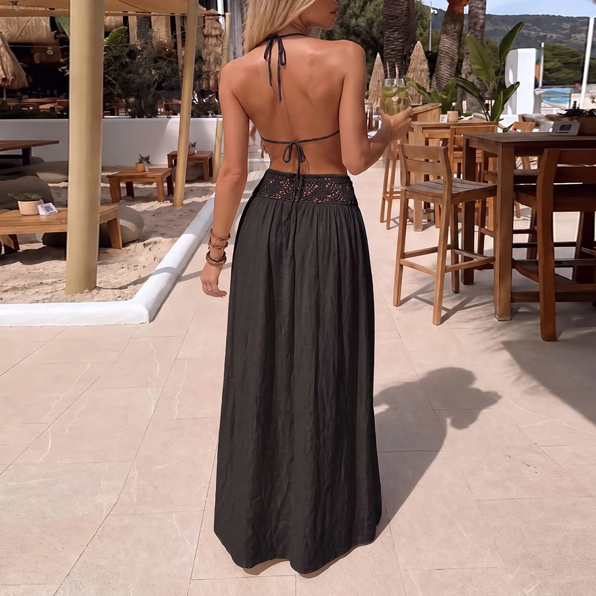 Boho-Stil Muschel-Dekor Handgehäkeltes Langes Rock-Set, Sommer-Strand-Urlaubs-Set mit Bindung, Durchbrochenes Transparentes Strandkleid-Set, Zweiteilig – Detail 9