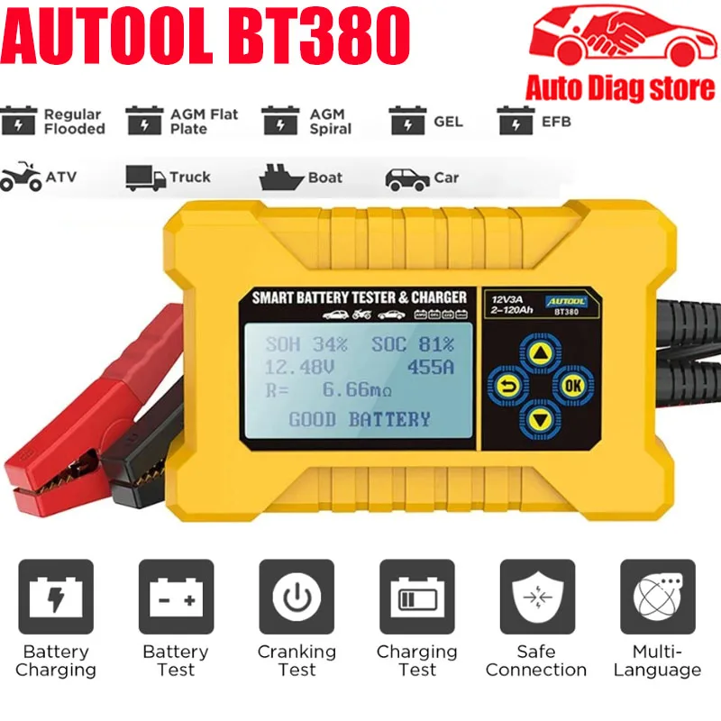 

AUTOOL BT380 Car Battery Tester Automotive 12v Battery Charger Battery Tester Analyzer Power Bank For Car Battery Testing Tool