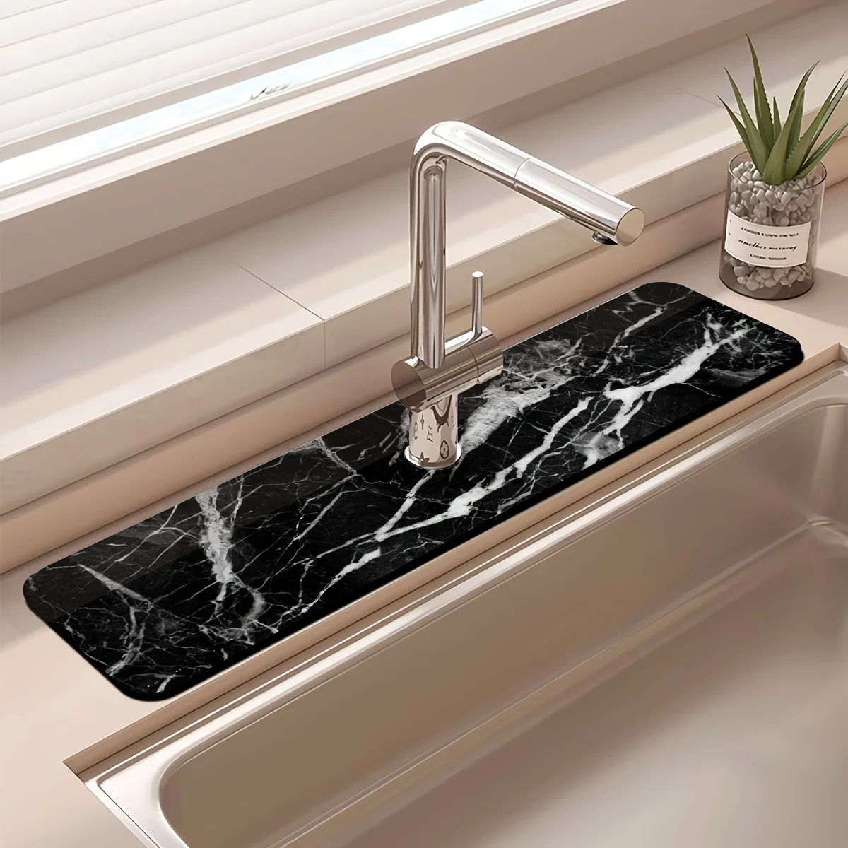 VIKAMA  Black Marble Texture Diatomite Faucet Protector Pad, Cuttable Kitchen Sink Mat, Anti-Slip and Moisture-Proof Faucet Pad
