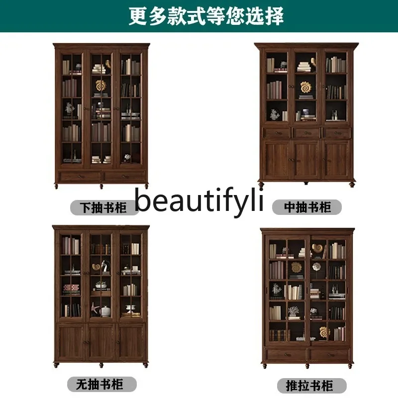 

B61 American all-solid wood glass door sliding bookcase Modern simple sliding door locker