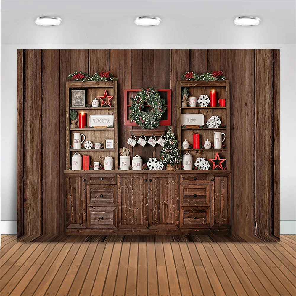 Fondo de cocina de Navidad para niños, sesión fotográfica, armario, decoración de corona, accesorios de pared de madera, pancarta de Festival, estudio fotográfico para niños y bebés