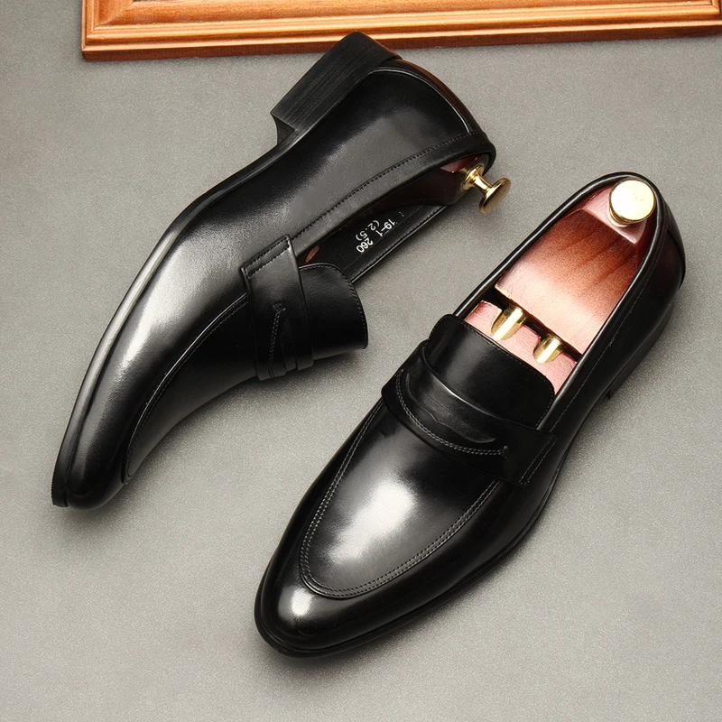 Formal Casual Oxford Shoes For Men Genuine Leather Pointed Toe Slip On Wedding Summer Loafers Men Black Elegant Dress Shoes Man