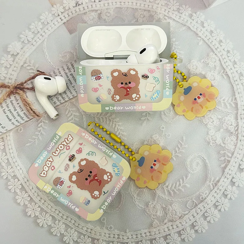 Étui en silicone anti-chute avec porte-clés pour écouteurs, petit ours mignon, tendance, Bluetooth, Funda Airpods Pro, 1, 2, 3