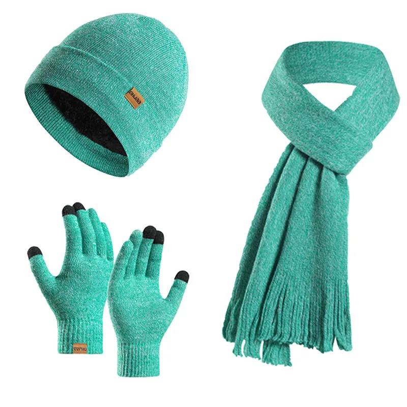New Set European and American Style Autumn Winter Fleece Knitted Hat Scarf Gloves Unisex Warm Wool Three-Piece Set