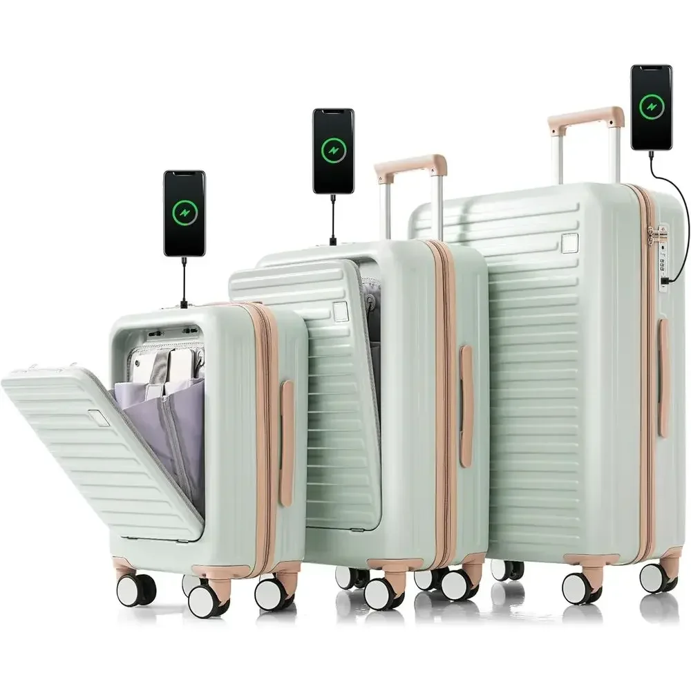Front-Opening ABS Hardshell Luggage Set with USB Port and Cup Holder