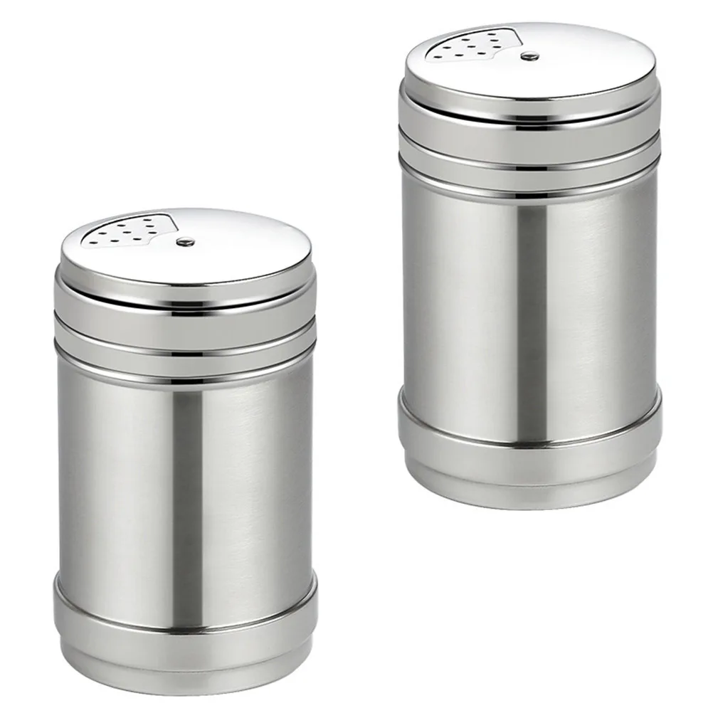 2Pcs Round Salt Pots Revolving Cover Seasoning Bottles Practical Stainless Steel Elegant Design Home Restaurant
