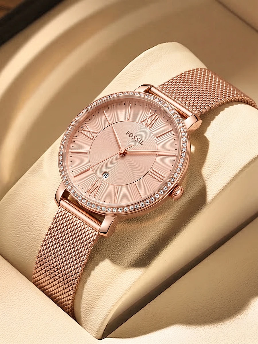 Reloj de Pulsera para Mujer Fossil ES4628 con Correa de Malla Dorada Rosa, Reloj de Cuarzo Delgado con Cristal, Elegante Reloj de Vestir para Dama, Regalo