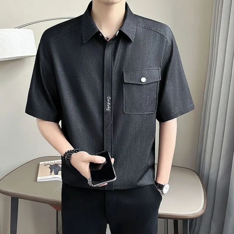 

Basic Turn-down Collar Button Shirts Men's Clothing Solid Color Fashion Letter Summer Pockets Spliced Casual Short Sleeve Shirts