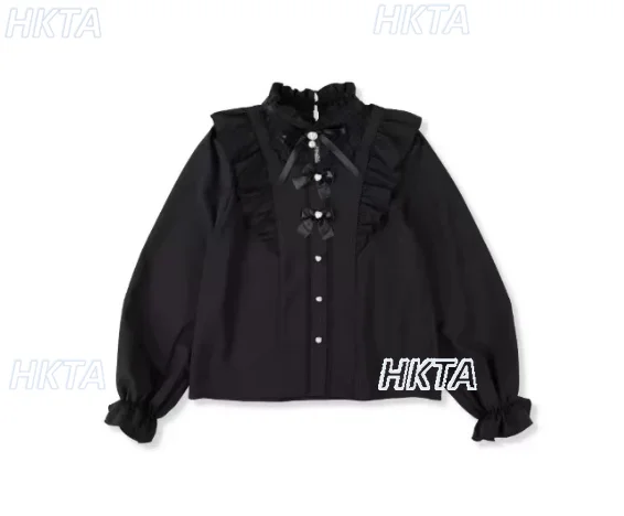 Japanese Lace Bow Mass-produced Jirai Kei Long-sleeved Shirt Women Autumn New Sweet and Cute Lolita Shirts Student Black Shirt