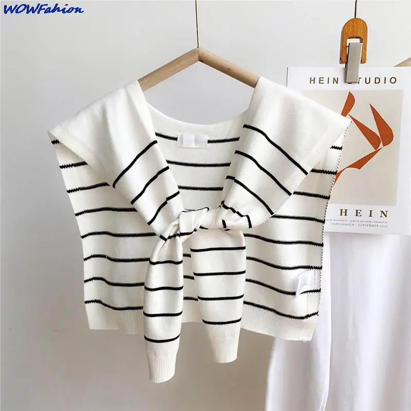 Striped Wool Knit Knotted Air Conditioned Fake Collar Neck Protect Warm Scarf Female Blouse Shoulders Summer Woman\'s Shawl