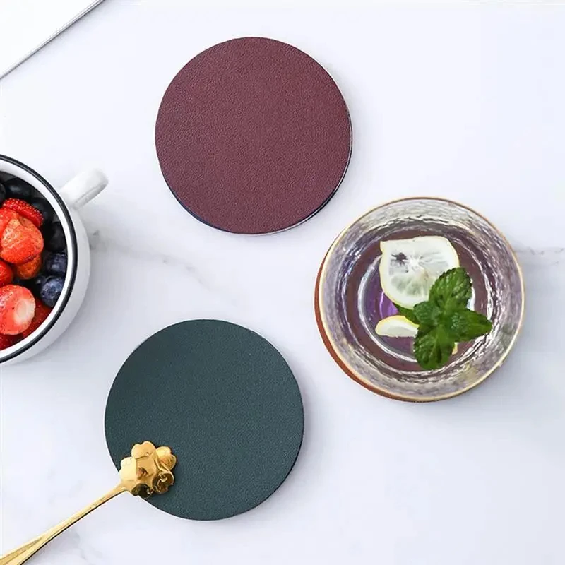 6pcs Faux Leather Coaster Waterproof Heat Resistant Round Cup Coaster Cup Mat Tableware Insulation Mat Bowl Placemat Home Decor