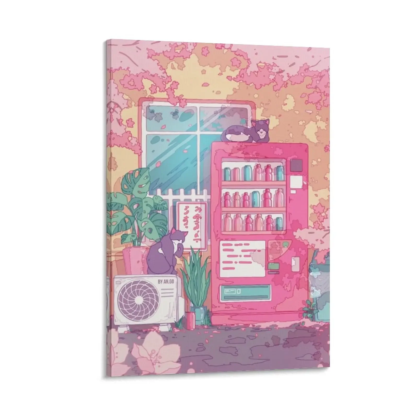 

The stray cats, wending machine and pink cherry blossom Canvas Painting decorations for the room decorative wall canvases