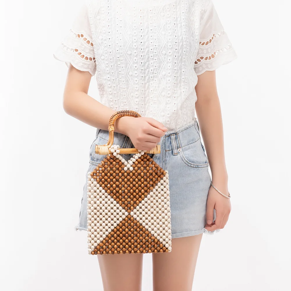 

Simple Casual Color Blocking Wooden Bead Bag Handmade Woven Women's Bags Fashionable Beach Vacation Bamboo Hollow Ladies Handbag