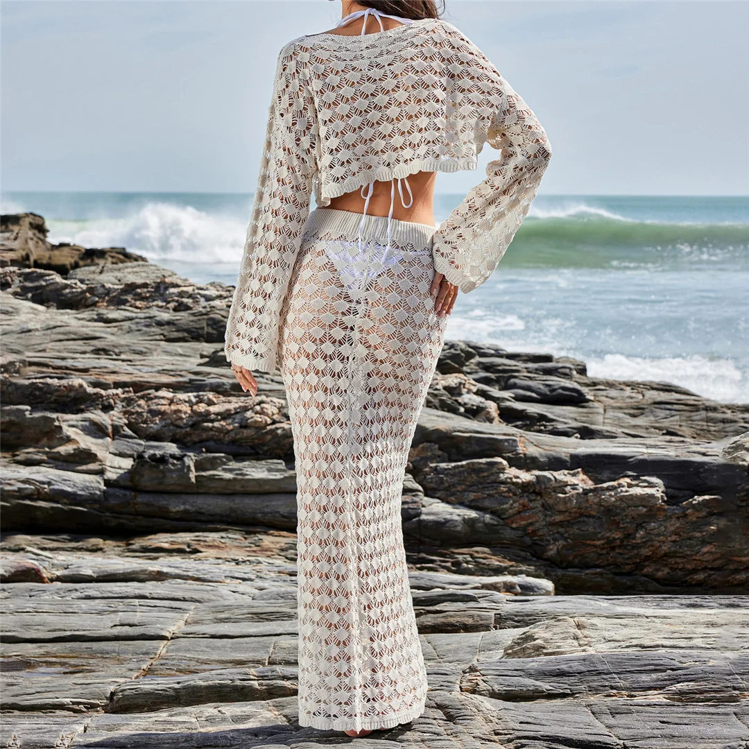 Lässiges, langärmliges, ausgehöhltes, gehäkeltes, gestricktes, kurzes Oberteil und langer Rock, 2-teiliges Badeanzug-Set, Strandkleid, Strandmode V6150 – Detail 12