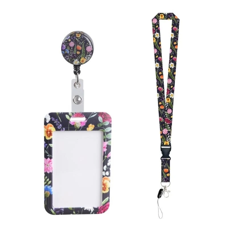 

C90C Flowers Badge Lanyard Neck Strap Oil Painting Lanyards with Keyring Card Holder