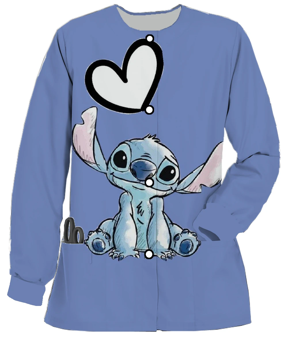 치과 의사 작업복 디즈니 스티치 만화 프린트 가을, 겨울 여성 더블 포켓 긴 소매 작업복 간호사 자켓