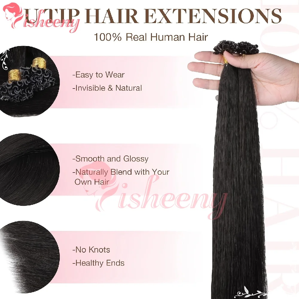 Isheeny Pre‑Bonded U Tip Keratin Hair Extensions Real Human Hair U‑Shape Italian Keratin Tip Firm Grip Not Easy Fall Off Silky Glossy Invisible Fusion Hair Healthy Ends For Thin Fine Hair Women