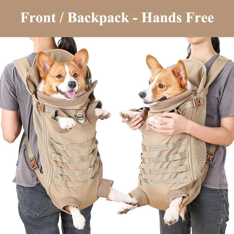 Backpack for Small Medium Dogs Hands Free Tactical Outdoor Pet Frontpack Soft Breathable Safety Travel Dog Carrier Military Tan