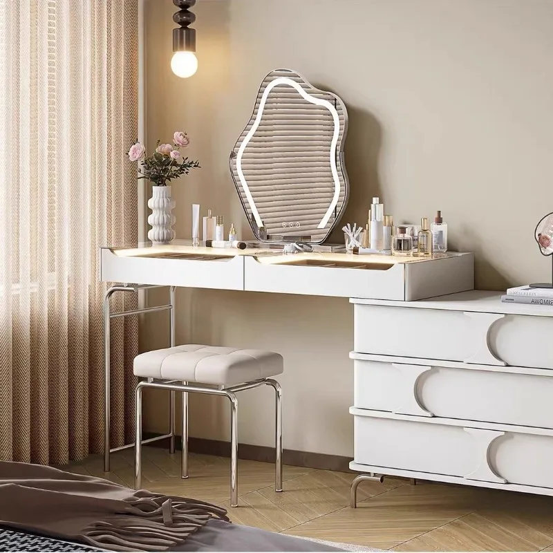 French Style Vanity Stool with Stainless Steel Legs Upholstered Seat Luxury Vintage Makeup Chair