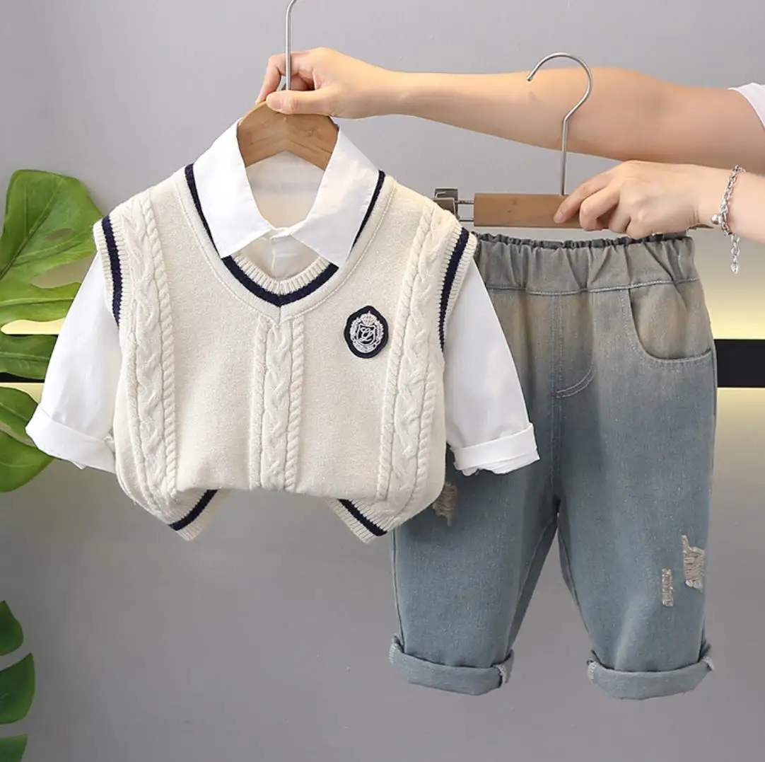 Designer de roupas escolares conjuntos para crianças, malha camisola colete, camisas brancas e calças, Toddler Boys treino, roupas infantis