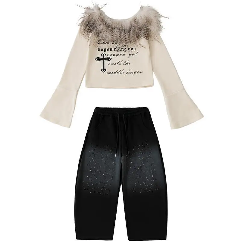 Kids Jazz Dance Performance Clothes Girls Apricot Fur Collar Tops Starry Spotted Black Pant Child Hip Hop Street Dance Costume