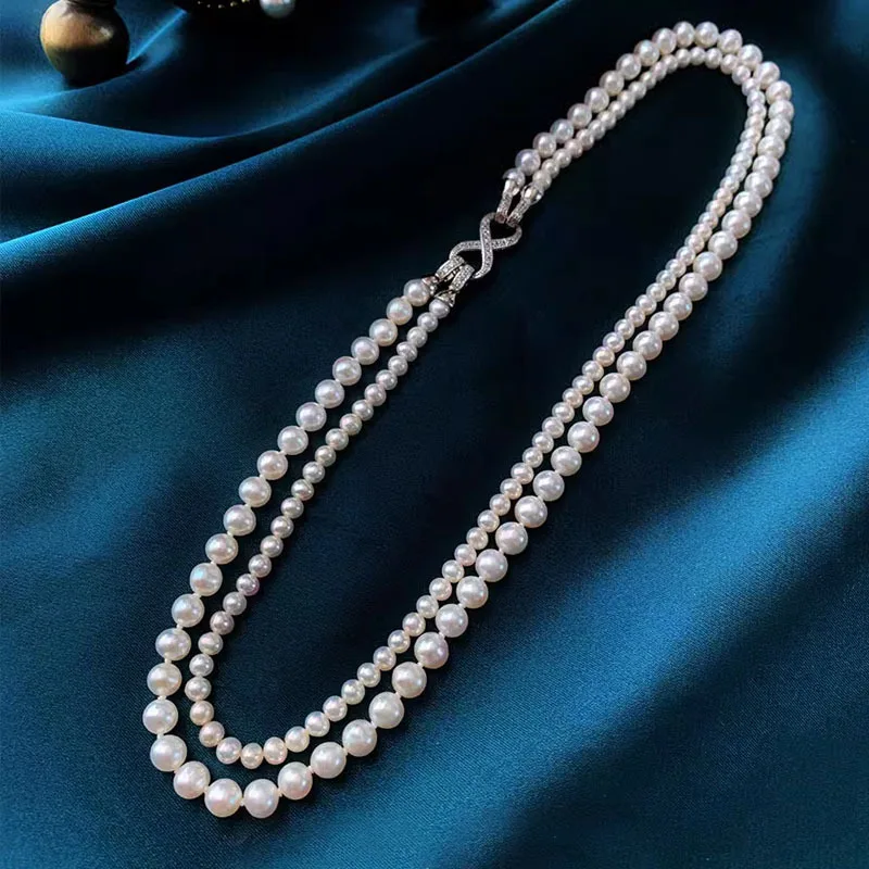 Long Natural Aaa+ Akoya 6-7mm 8-9mm White Round Double Strands 2 Rows Two Natural Pearl Necklace 925