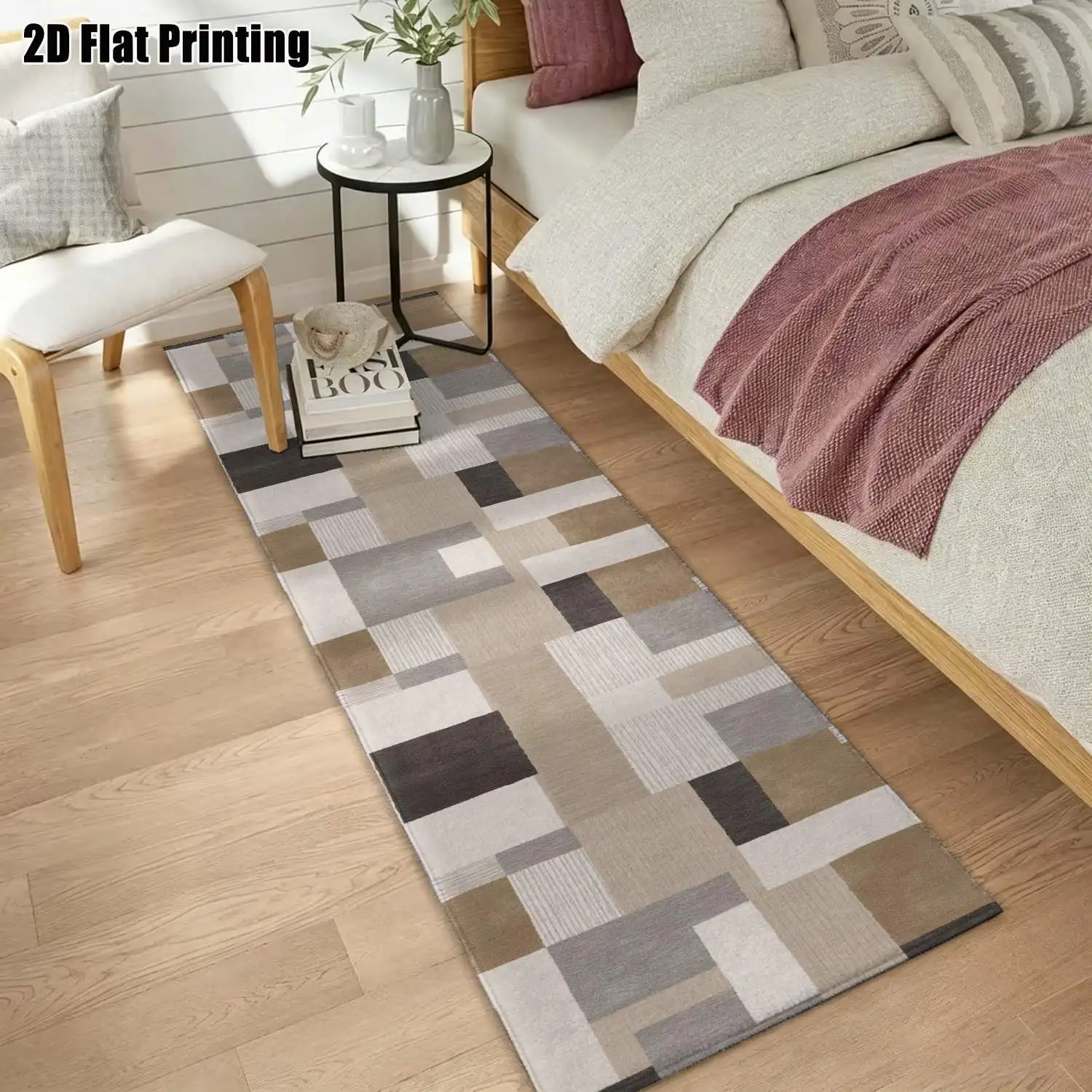 1Pc 2D Printed Brown-Grey Geometric Patchwork Long Strip Runner Carpet Nordic, Modern Minimalist, European Style, Machine Washable, Multi-Size, Ideal for Entrance, Hallway, Living Room, Bedroom Home Decor.
