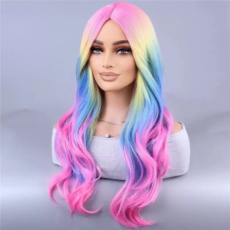 

European and American Style Women's Cosplay Middle Part Bangs Female Hair Top Pink Headpiece Wholesale Synthetic Wig