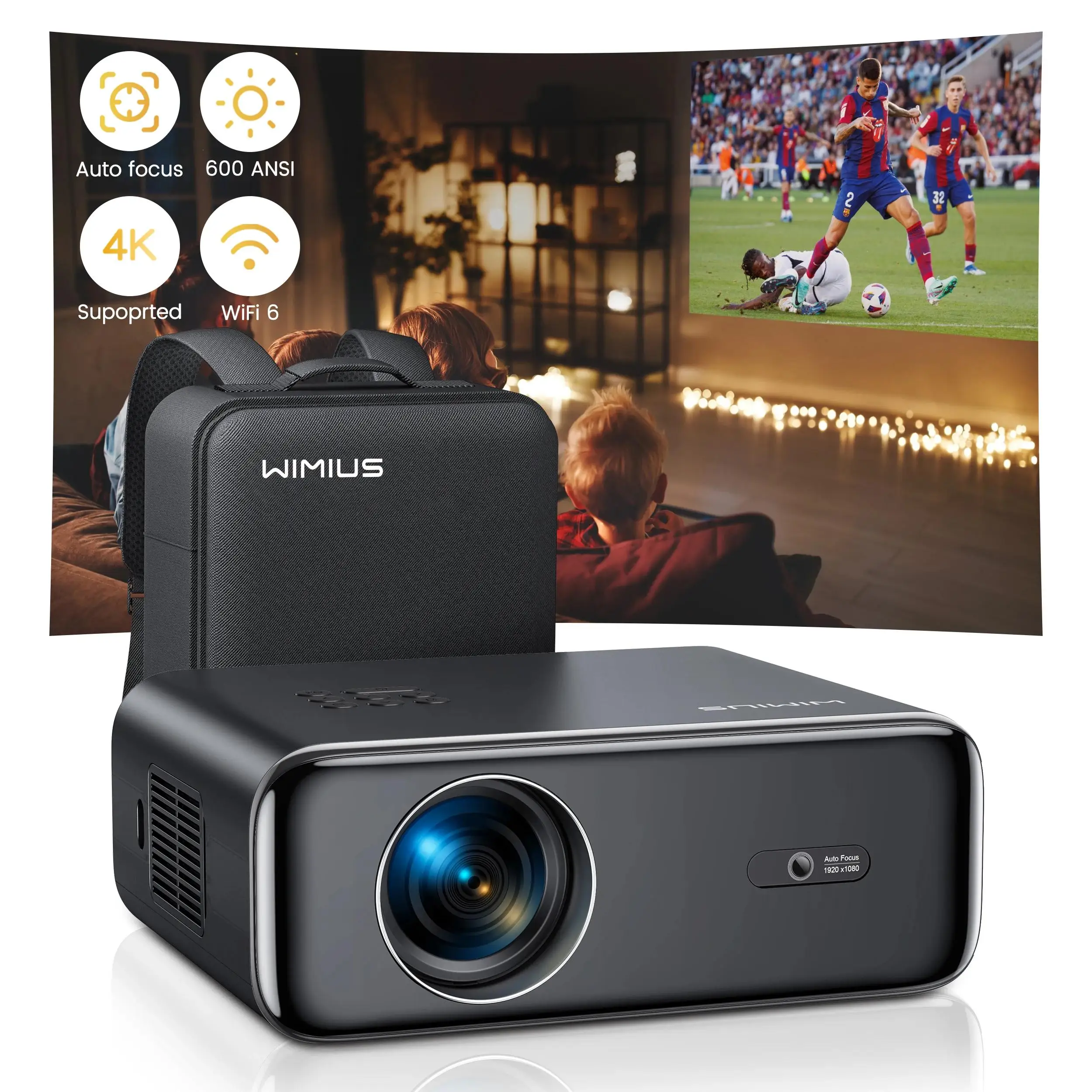 Projetor Wimius 900 ANSI 4K Full HD 1080P Dolby Portátil P62 para Filmes, Home Theater, Vídeos, Jogos e WiFi