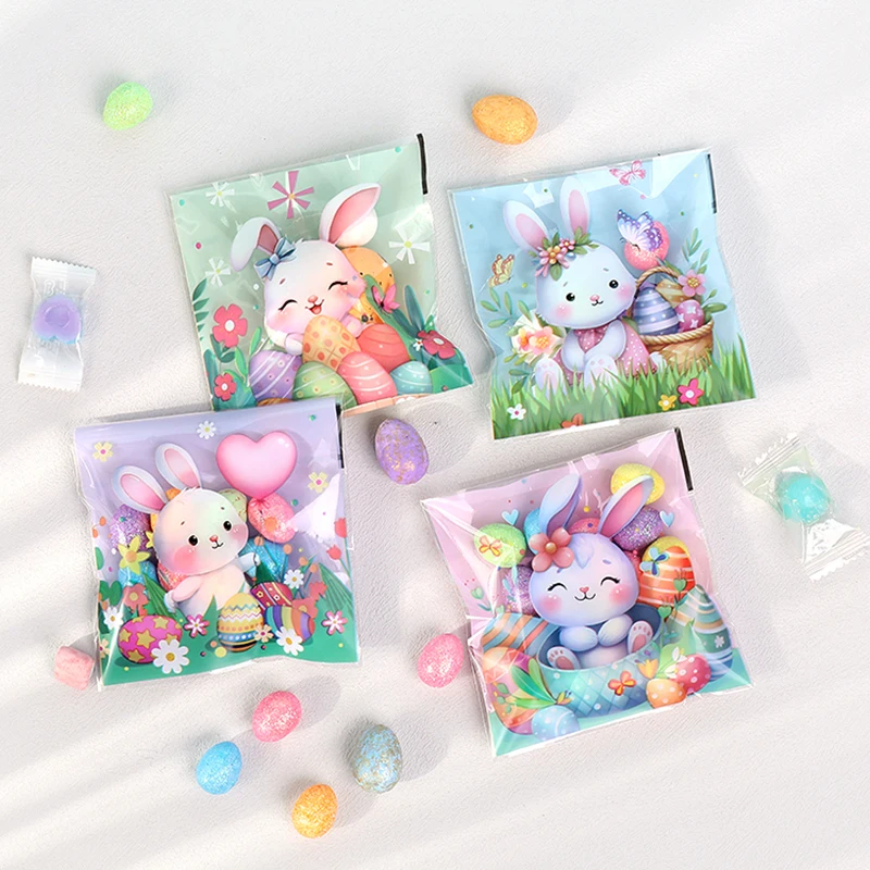 100Pcs Easter Candy Cookie Bags Cute Bunny Eggs Plastic OPP Gift Bag 2025 Happy Easter Party Decoration Supplies Kids Favors