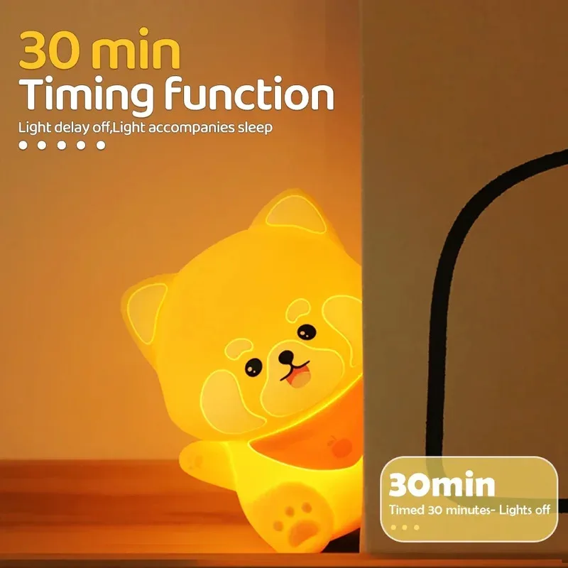 LED Cute Red Panda Night Light 2 Brightness Timing Nursery Slepping Lamp USB Rechargeable Bedside Table Lamp for Room Decor