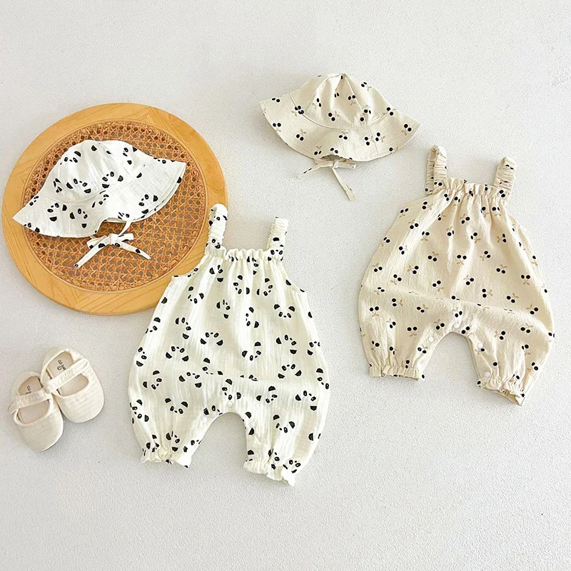 

2026 New Summer Toddler Baby Girls Jumpsuit+Hat Sleeveless Cotton Print Newborn Baby Girl Romper 0-24M Baby Girl Clothing