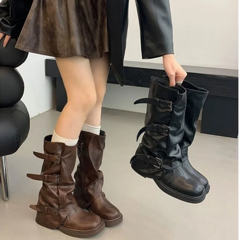 Botas de Media Caña para Mujer Botines de Moto Vintage con Hebillas Botas Militares Holgadas Puntera Redonda Tacón Bajo Grueso Zapatos Cómodos Casuales de Otoño Invierno Moda Urbana