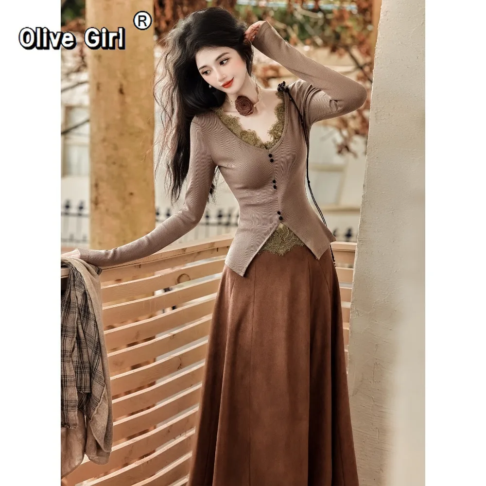 가을 겨울 한국 니트 탑 셔츠 블라우스 레이스 우아하고 섹시한 브라운 하프 스커트 여성 세트 투피스 세트