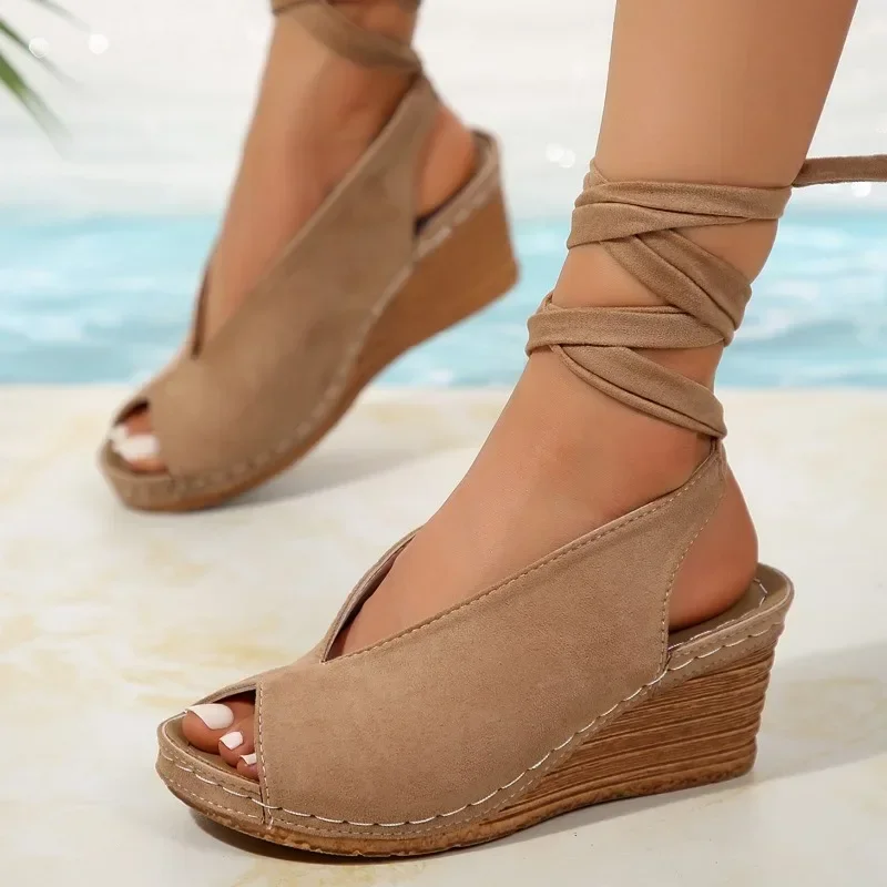 2025 zapatos de mujer de alta calidad, sandalias de mujer con punta abierta, sandalias informales con cordones a la moda, sandalias de cuña de talla grande de verano para mujer
