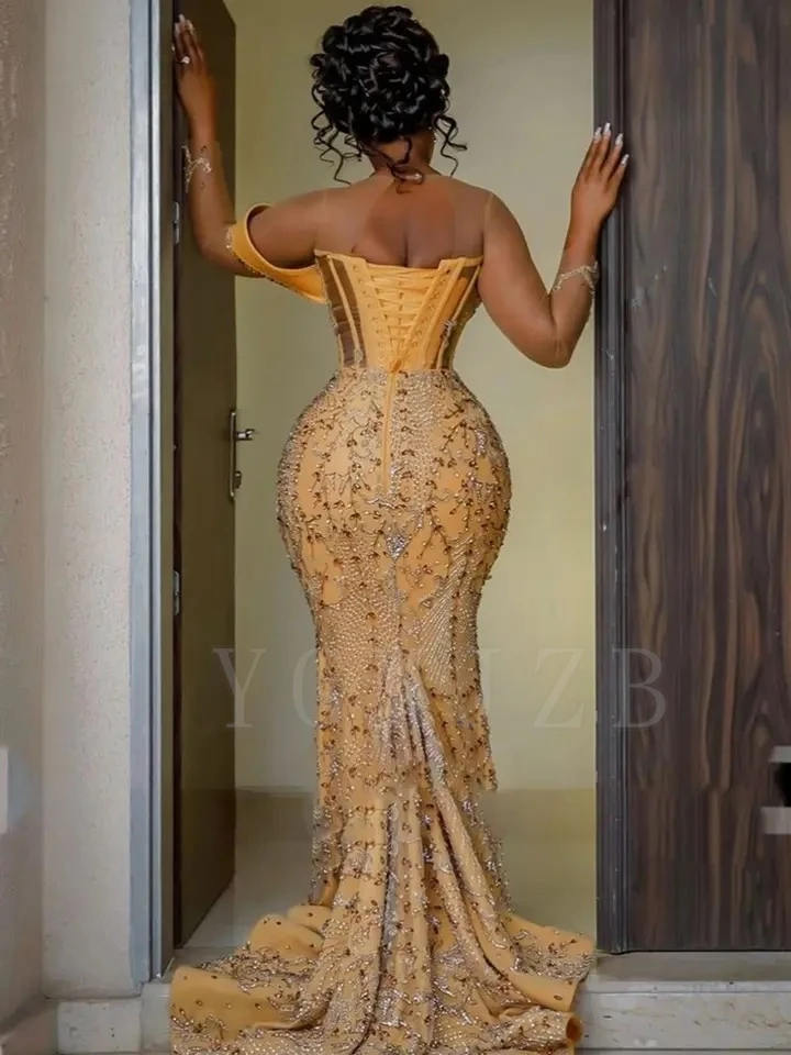 Aso Ebi – robe de bal dorée en dentelle, perles de luxe, épaules dénudées, pour fête de mariage africaine, Gala, anniversaire, robe de soirée formelle, personnalisée, 2025