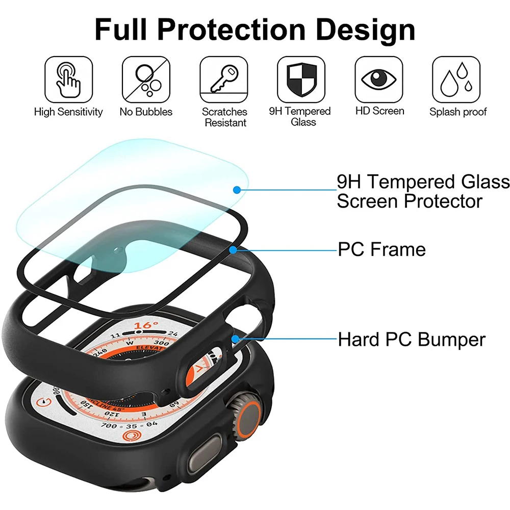 Vetro + custodia per Apple Watch Ultra 49mm antigraffio PC Apple Watch Ultra Case Iwatch Ultra/8 Pro 49mm Cover + pellicola proteggi schermo