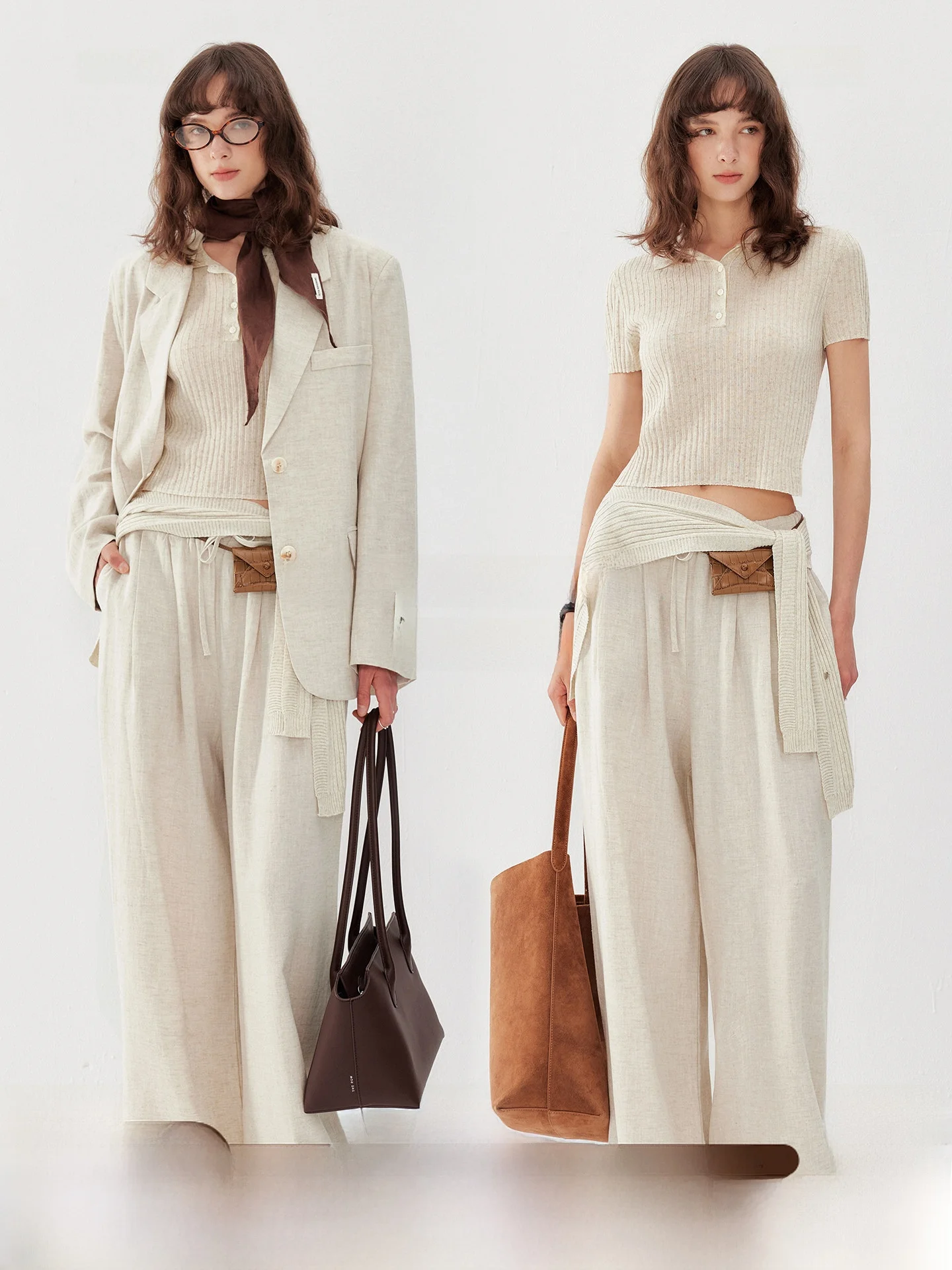 

Костюм из льна и хлопка: пиджак и брюки прямого кроя с поясом, широкие драпированные брюки. Весенне-осенний женский модный комплект.