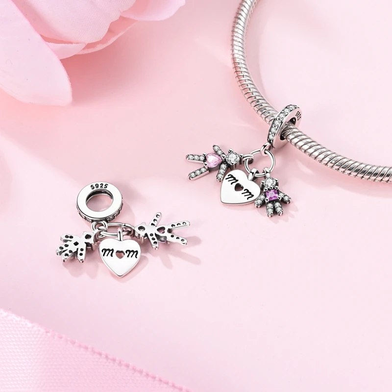 Charms Plata De Ley 925 핑크 컬러 시리즈 Charms 핑크 하트 이어폰 비드 오리지널 여성 기념일 DIY 쥬얼리 Charms