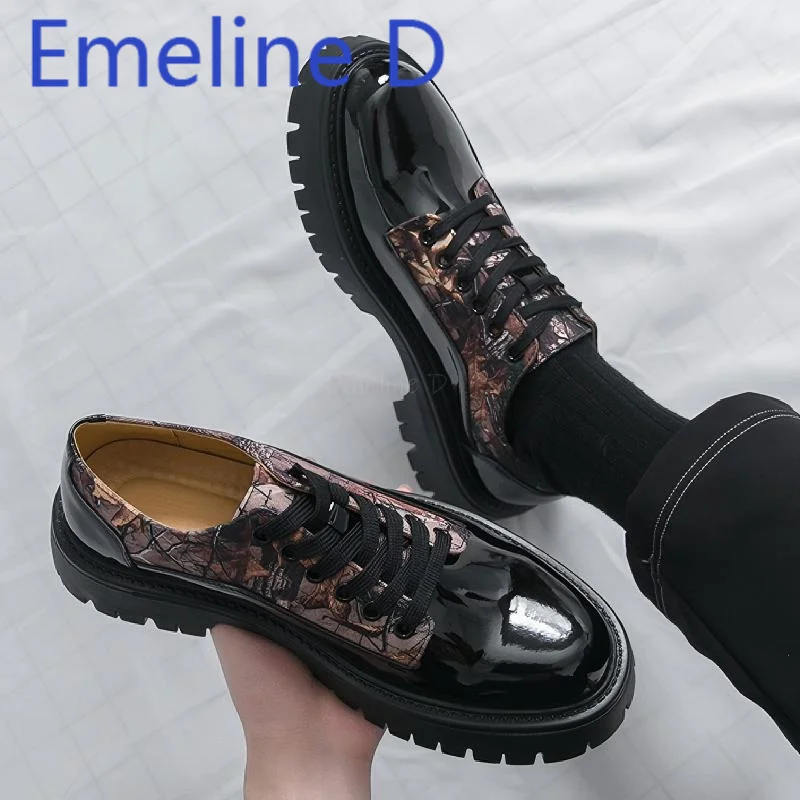 

Thick Soled Lace Up Derby Shoes British Style Printing Color Blocked Patent Splicing Casual Height Increasing Leather Shoes