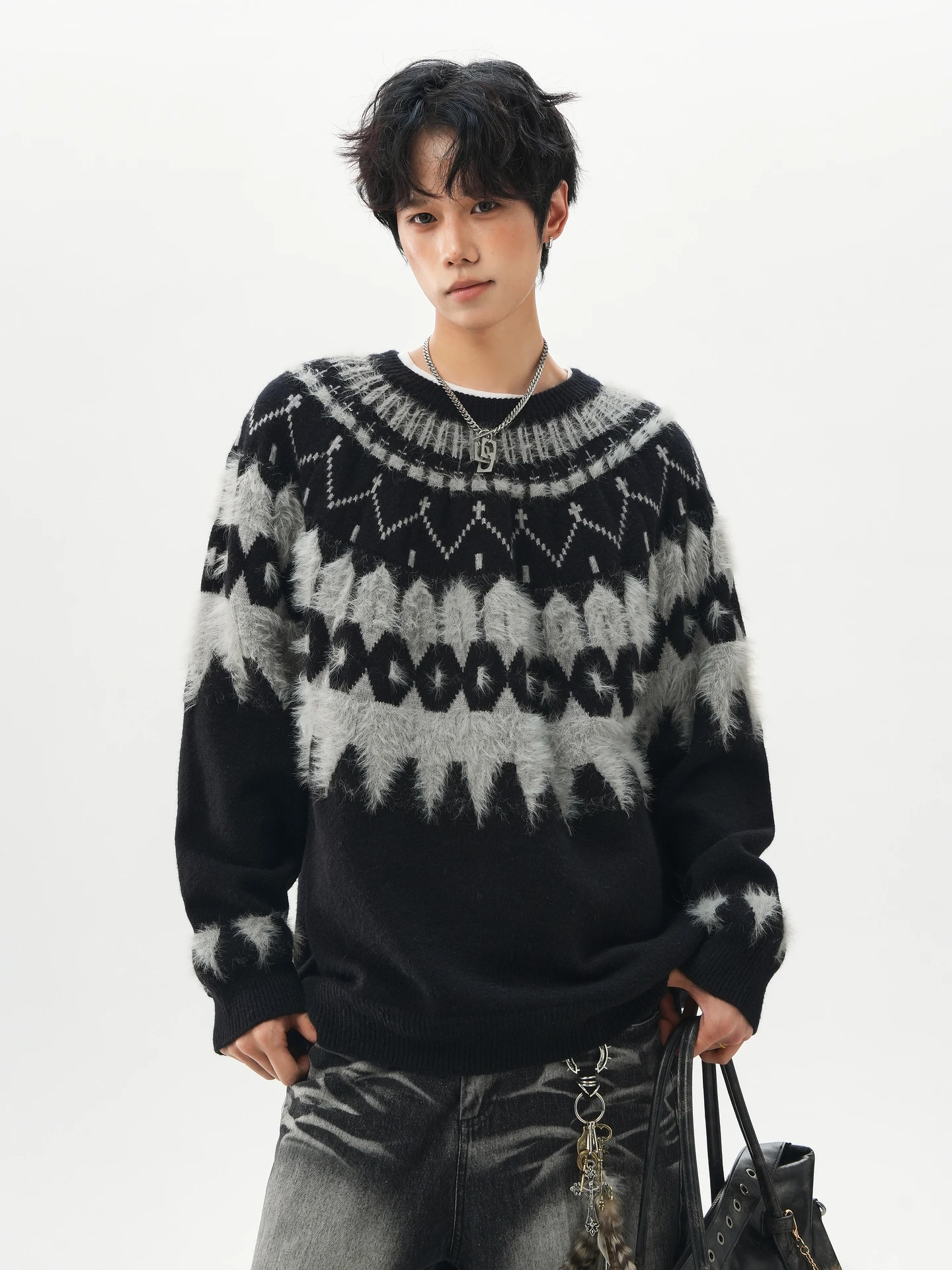 

Autumn and Winter Color Matching Jacquard Crew Neck Sweater Men's Trendy Brand Loose Couple Mohair Knitted Sweater