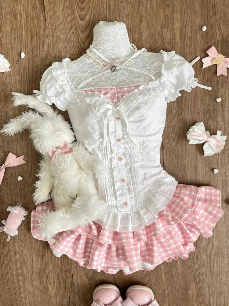 ฤดูร้อนญี่ปุ่น Kawaii Lolita Elegant 2 ชิ้นชุดผู้หญิงสีชมพู Y2k Bow Design กระโปรงมินิชุดเจ้าหญิงหญิงหวาน Chic ชุด