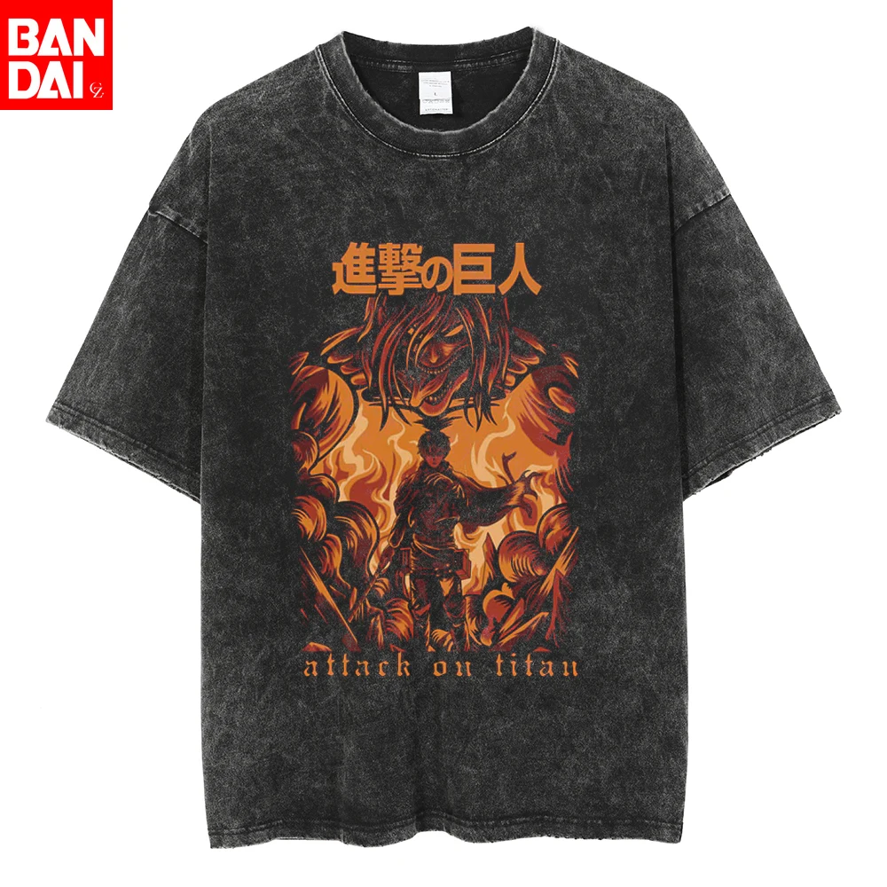 

Vintage Washed Black Attack on Titan Eren Yeager Anime T-Shirt Men Harajuku Gothic Streetwear Short Sleeve Manga Graphic Tee Top