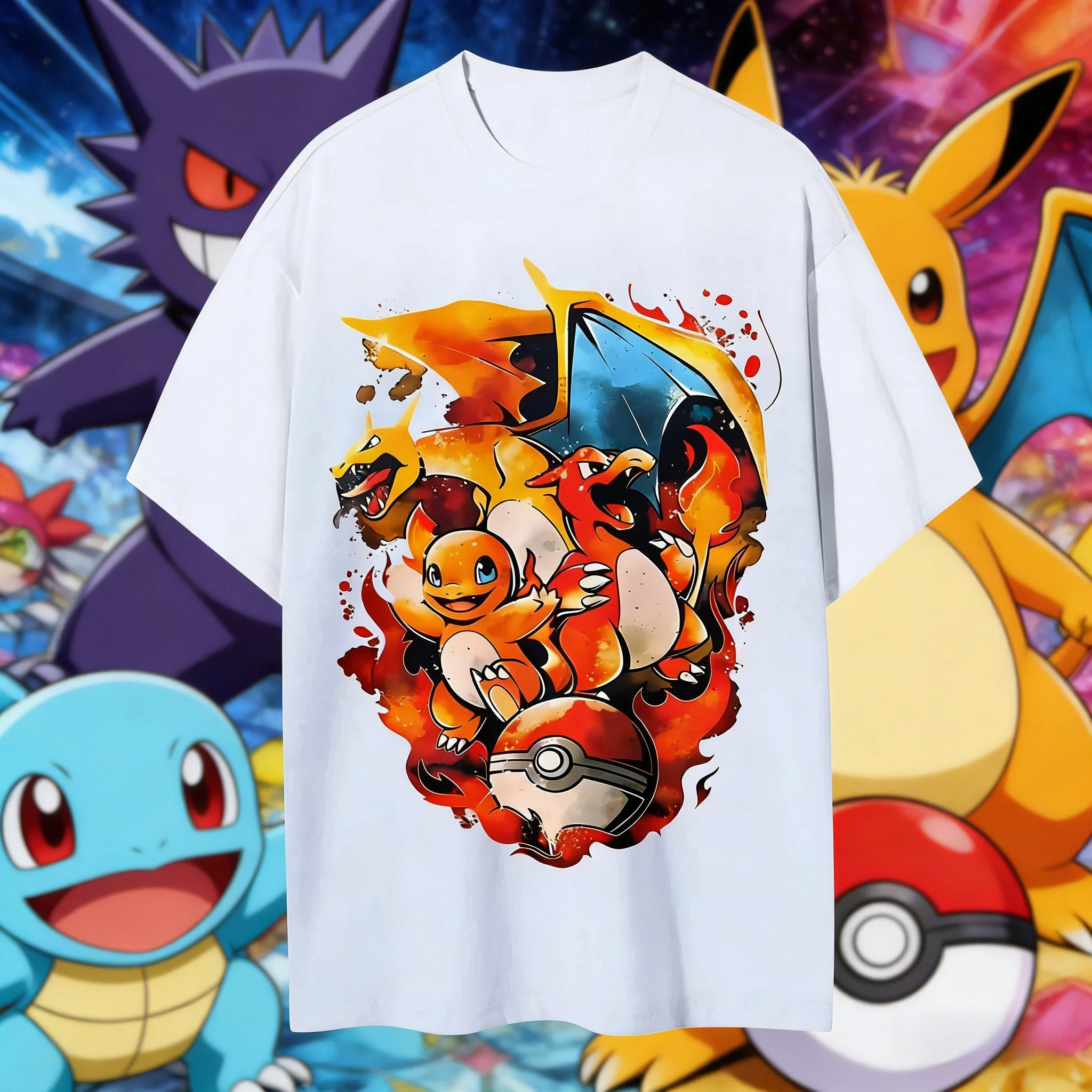 Camiseta de Verano 2026 con Estampado de Evolución de Pokémon Charmander y Charizard, 100% Algodón, Holgada, para Parejas y Familias, Ideal para Viajes, Juegos y Deportes