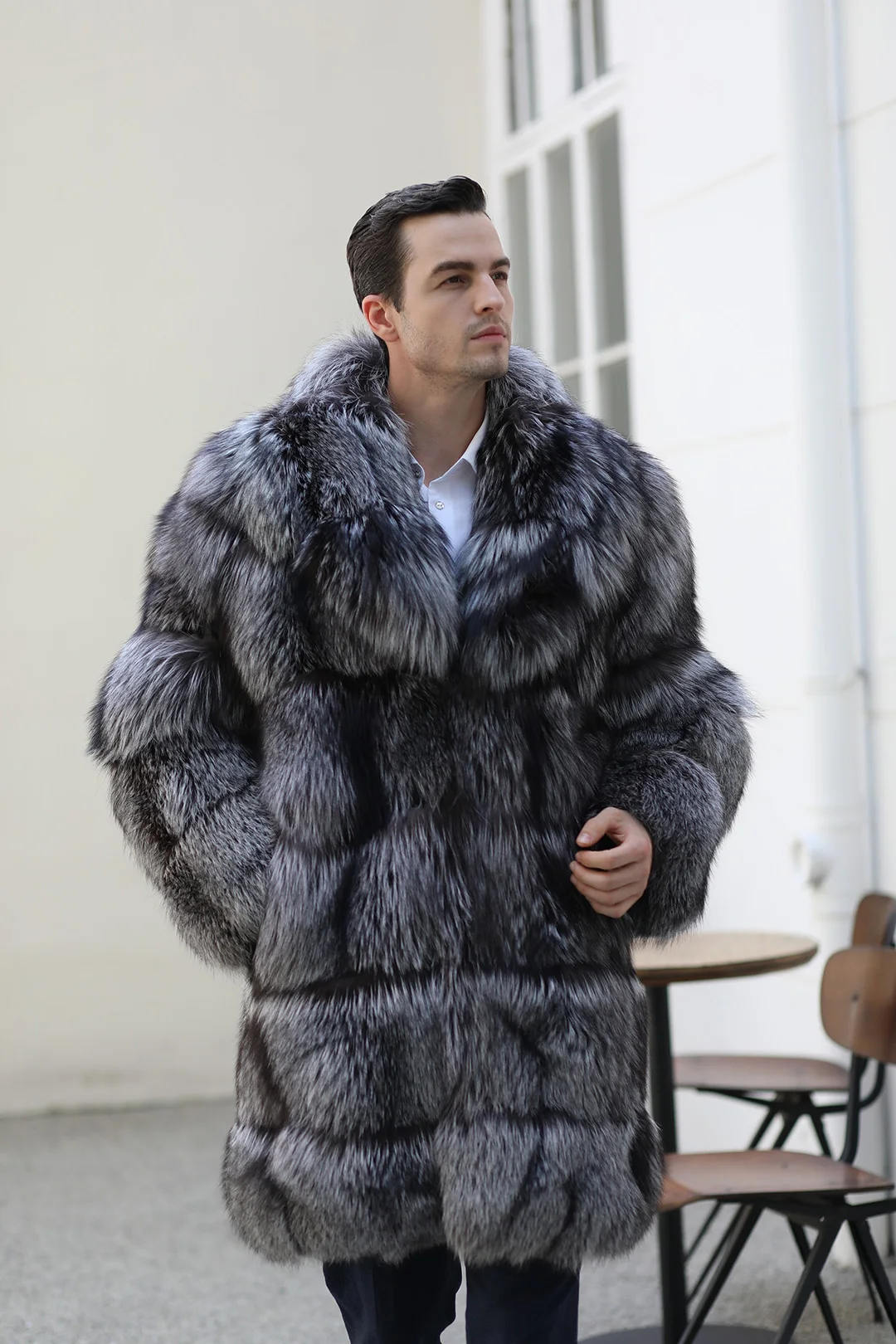 Men's Thick Silver Fox Fur Jacket, Top Quality, Custom Size, Luxury