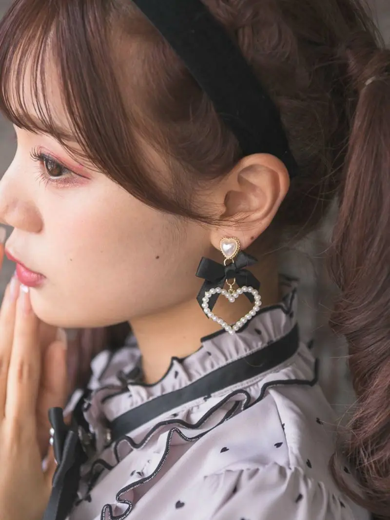 Japanischer Lo Style Lolita Ohrring Perle Herz Loria Schmuck Süße süße Damen Schleife Harajuku Schwarz Y2K Mädchen Geschenk