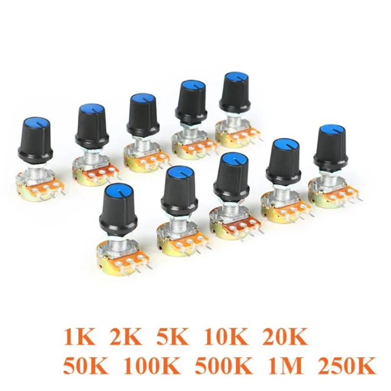 10 PCS Linear Potentiometer 15mm Shaft With Nuts And Potentiometer Button Cap for 1K 2K 5K 10K 20K 50K 100K 500K 1M 250K WH148