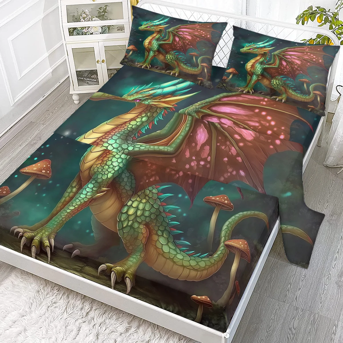 

Mushroom Dinosaur 4-piece bed sheet set, including 1 flat bed sheet, 1 super king bed sheet, 2 pillowcases (nature, room, fun)
