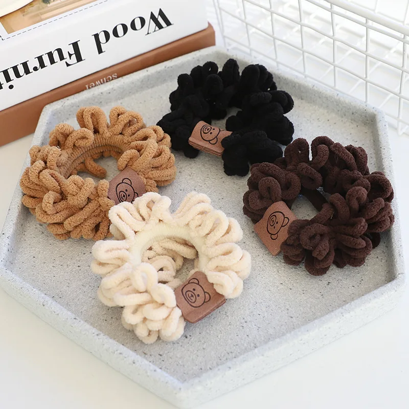 Autumn Winter Solid Color Plush Scrunchies Cartoon Smiling Face Bear Hairband for Women Girls High Elastic Ponytail Hair Rope